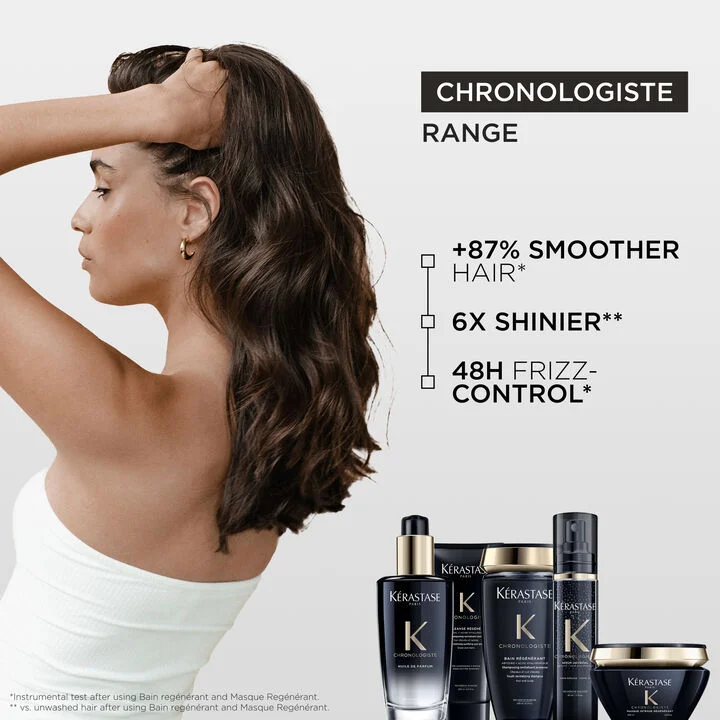 Promotional image of a woman shown from the side and back with smooth, shiny, shoulder-length hair, wearing a white strapless top and holding her hair back. Text reads “Chronologiste Range,” “+87% smoother hair,” “6x shinier,” and “48H frizz-control.” A lineup of Kérastase Chronologiste hair care products appears at the bottom right on a light background.