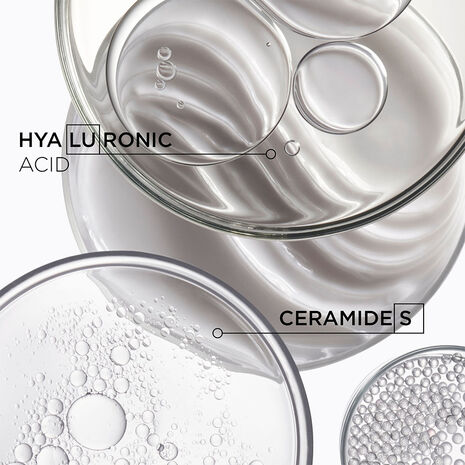 Close-up, abstract visuals of glossy liquid textures labeled hyaluronic acid and ceramides, illustrating key ingredients used in Kérastase Densifique hair care products.